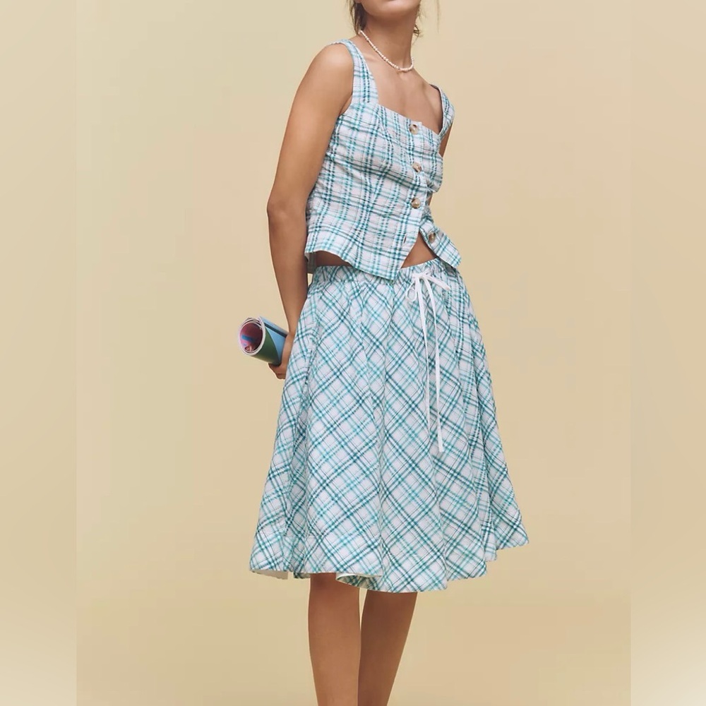 NWT, Maeve Drawstring A-Line Cotton Midi Skirt blue Size Large